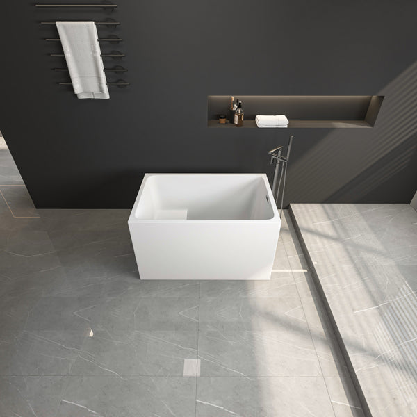 43' Acrylic Freestanding Bathtub with seat: Spacious rectangle Shape, Gloss White Finish, Chrome Overflow & Pop-Up Drain